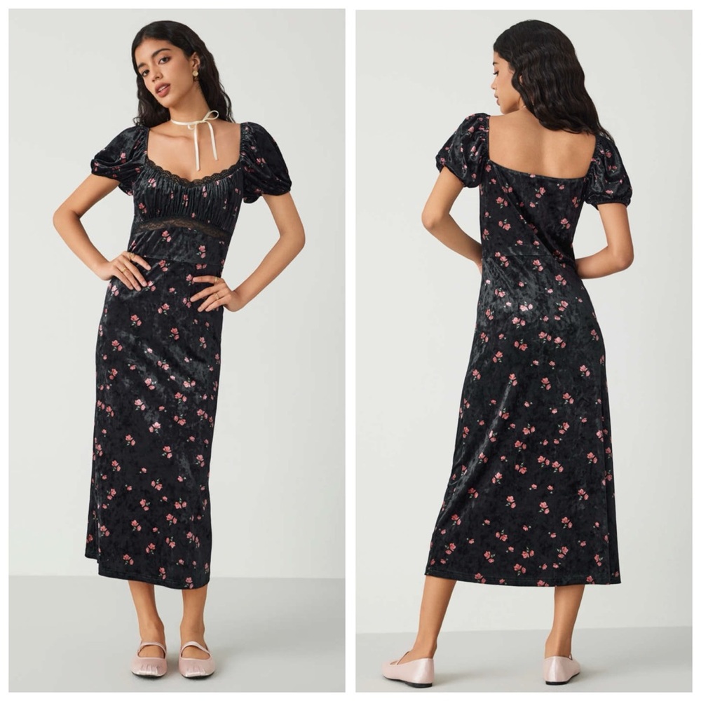 NWT Cider Whimsigoth Velvet Sweetheart Floral Lace Midi Black Dress Sz S